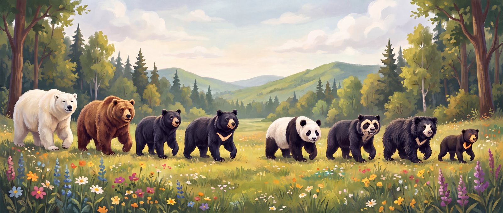 Los ocho CuriOsos desfilando de mayor a menor: el oso polar, el pardo, el de anteojos, el panda, el negro americano, el negro asiático, el bezudo y el malayo